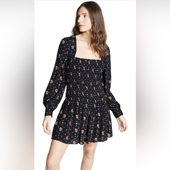 Free People Two Faces Print Smocked Mini Dress Size Medium - Picture 2 of 9